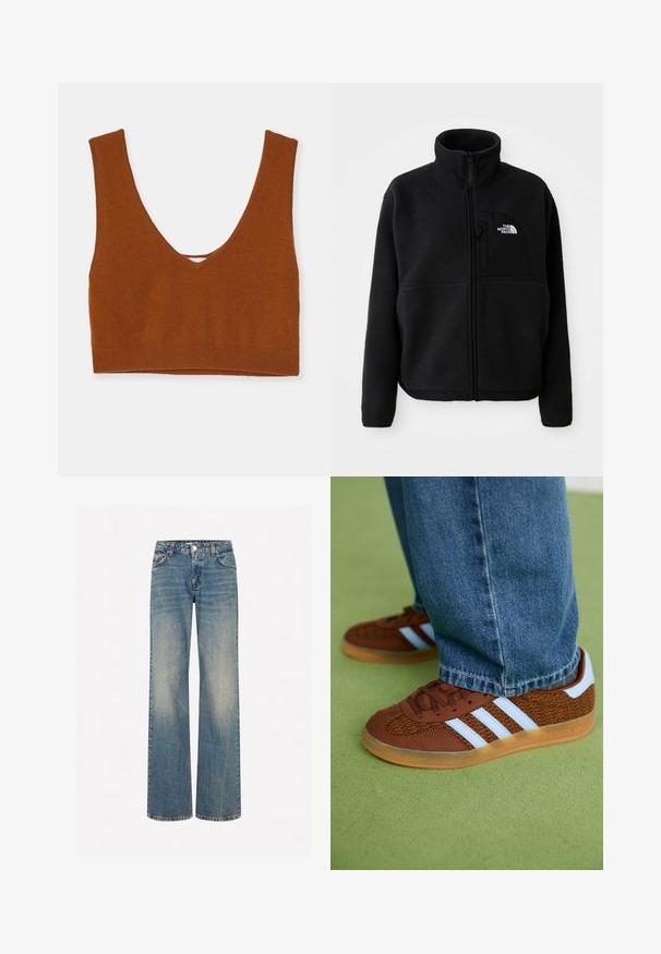 Sort fleecejakke med høj krave, fuld lynlås og en lomme på venstre bryst med et logo. Stofoverfladen er blød og struktureret.; Rustrød strikket bralette med dyb V-hals, brede stropper og en tætsiddende bånd forneden. Glat tekstur uden yderligere mønstre.; Lyseblå denim brede bukser med en falmet tekstur, fem lommer, en knaplukning og kontrastsyninger langs sømmene.; Brune Adidas sneakers med hvide striber og gummisåler, båret med blå jeans på grøn tæppe.