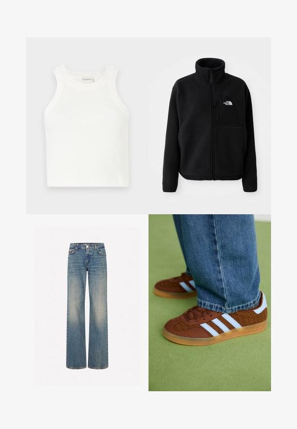 Juodas pūkinis švarkas su aukštu apykakle, visiškai užtraukiamu užtrauktuku ir kairėje krūtinės pusėje esančia kišenė, kurioje yra logotipas. Audinys turi švelnų, tekstūruotą paviršių.; Balta banguota undershirt su plačiomis petnešomis ir prigludusia siluetu. Yra mažas iškilus logotipas prie apatinės dalies.; Šviesiai mėlynos džinsinės kelnes su plačiomis kojomis, dėvėtos tekstūros, penkiomis kišenėmis, mygtukų užtrauktuku ir kontrastingomis siūlėmis.; Rudi Adidas kedai su juostelėmis ir guminiais padangtais, avimi mėlynais džinsais žaliame kilime.