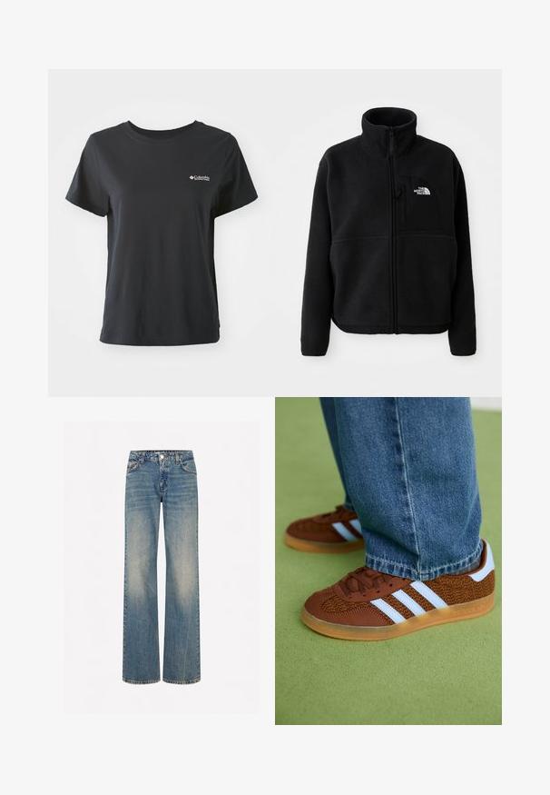Jachetă din fleece neagră cu guler înalt, fermoar complet și un buzunar pe pieptul stâng, având un logo. Materialul are o suprafață moale și texturată.; Tricou din bumbac negru, cu mâneci scurte, decolteu rotund și un mic logo alb Columbia Sportswear în zona stângă a pieptului.; Jeans din denim de culoare albastru deschis, cu un aspect decolorat, cinci buzunare, sistem de închidere cu nasture și cusături contrastante pe șavluri.; Adidași maro cu dungi albe și talpă din cauciuc, purtați cu blugi pe o mochetă verde.