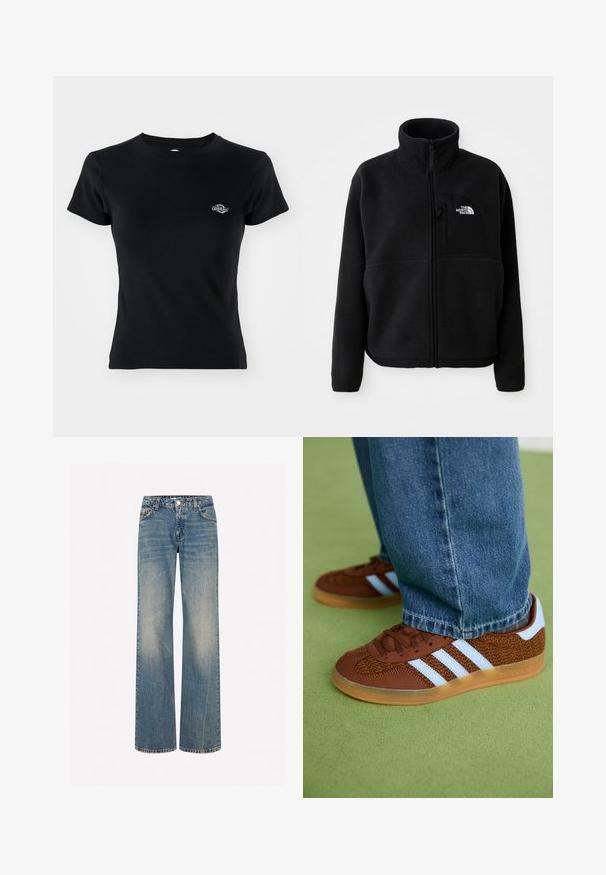 Must külmavillane jakke kõrge kaelusega, täispikk tõmblukk ja vasakul rinnataskul logo. Kangas on pehme ja tekstuuriga pinnaga.; Must hämar T-särk, millel on ümmargune kaelus ja lühikesed varrukad, ning vasakul rinnaosal on väike brodeeritud logo.; Heledad sinise denimi laiadelegged teksadega, pleekinud tekstuuriga, viie taskuga, nööpide sulgemisega ja kontrastselt õmmeldud õmblustega.; Pruunid Adidas tennised valgete triipudega ja kummikute tallaga, kantud siniste teksadega rohelisel vaibal.