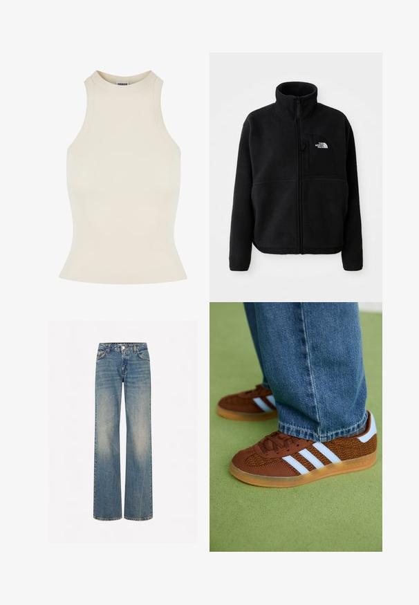 Jachetă din fleece neagră cu guler înalt, fermoar complet și un buzunar pe pieptul stâng, având un logo. Materialul are o suprafață moale și texturată.; Top fără mâneci, cu model ribat în bej deschis, cu guler înalt și o formă ajustată, realizat dintr-un material moale și elastic pentru confort.; Jeans din denim de culoare albastru deschis, cu un aspect decolorat, cinci buzunare, sistem de închidere cu nasture și cusături contrastante pe șavluri.; Adidași maro cu dungi albe și talpă din cauciuc, purtați cu blugi pe o mochetă verde.