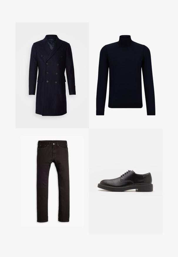 Isaac Dewhirst LONG PEA COAT - Abrigo clásico - navy; Suéter de cuello alto de un oscuro color navy, hecho de un tejido de punto fino, con mangas largas y un escote alto ajustado. Sin patrones ni acentos visibles.; Pantalones vaqueros negros de corte slim con cinco bolsillos y cierre de botón, mostrados de forma plana sobre un fondo blanco.; Zapato negro de cuero con cordones, punta redondeada, textura suave, costuras mínimas y tacón bajo de goma. Logo en el tacón.