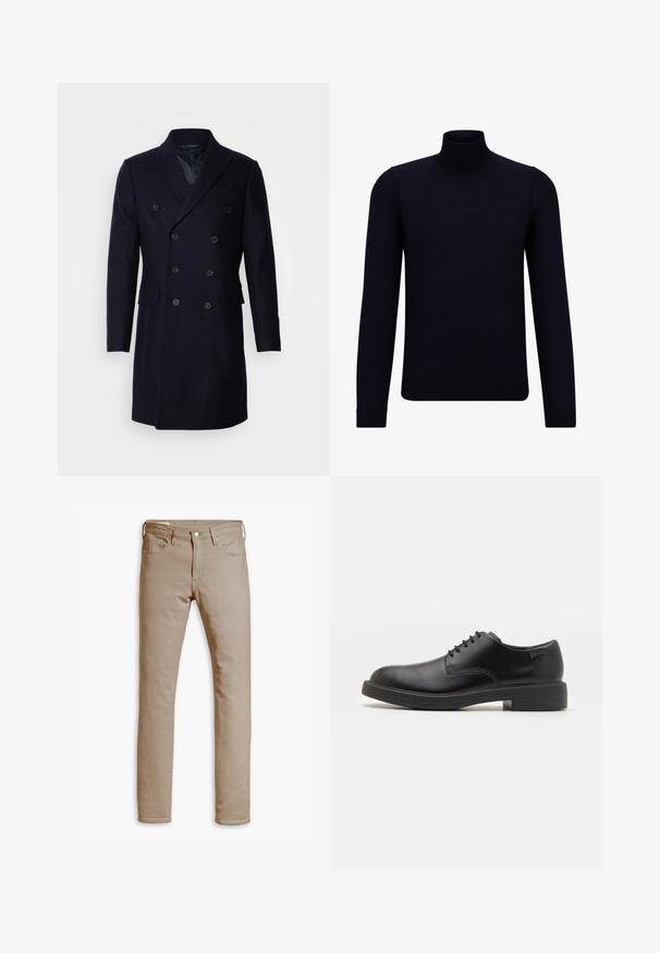 Isaac Dewhirst LONG PEA COAT - Abrigo clásico - navy; Suéter de cuello alto de un oscuro color navy, hecho de un tejido de punto fino, con mangas largas y un escote alto ajustado. Sin patrones ni acentos visibles.; Levi's® 511 SLIM - Vaqueros slim fit - paper; Zapato negro de cuero con cordones, punta redondeada, textura suave, costuras mínimas y tacón bajo de goma. Logo en el tacón.