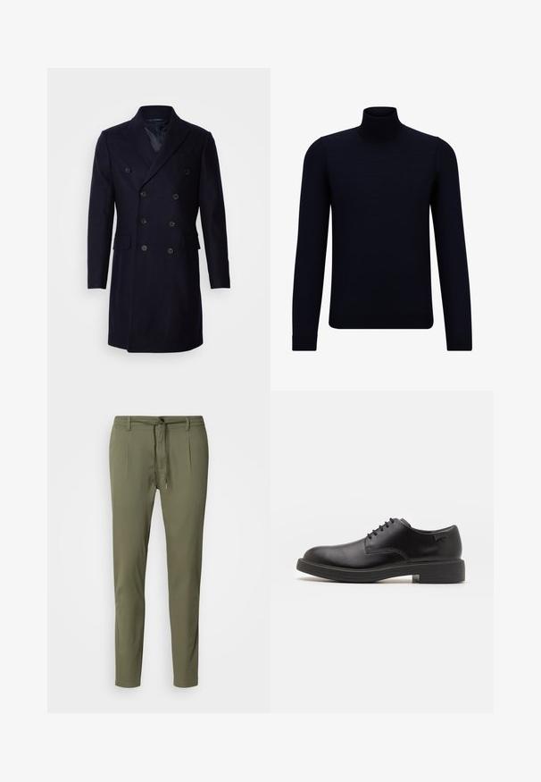 Isaac Dewhirst LONG PEA COAT - Klasičan kaput - navy; Tamno mornarskoplavi dukserica s visokom ovratnikom od finog pletenog materijala, dugih rukava i tijesnog kroja. Nema vidljivih uzoraka ili akcenta.; Maslinaste zelene hlače od laganog materijala, s elastičnim pojasom, dva prednja nabora i suženim krojem. Glatka tekstura.; Crne kožne cipele s vezanjem i zaobljenim vrhom, glatke teksture, minimalnim šavovima i niskim gumiranim potplatom. Logo se nalazi na peti.