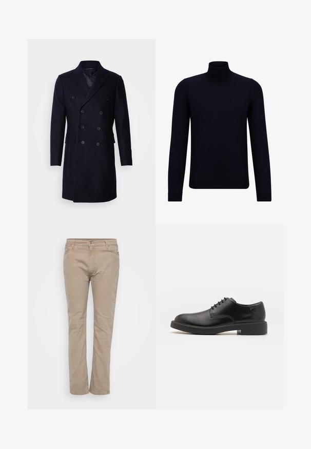Isaac Dewhirst LONG PEA COAT - Classic coat - navy; Dark navy turtleneck sweater made of fine knit fabric, featuring long sleeves and a fitted, high neckline. No visible patterns or accents.; Beige cotton trousers with a straight leg design, featuring a zipper fly, belt loops, and subtle stitching details. Smooth texture throughout.; Black leather lace-up shoe with a rounded toe, smooth texture, minimal stitching, and a low rubber heel. Logo on the heel.