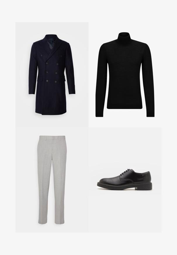 Isaac Dewhirst LONG PEA COAT - Mantel - navy; Zwarte coltrui van zacht materiaal, met lange mouwen en een snug fit. Geribbelde afwerking aan de onderkant en mouwen. Eenvoudig ontwerp.; Lichtgrijze broek met een gladde textuur, platte voorkant en rechte pijpen. Gemaakt van ademend materiaal, met interne zakken en riemlussen.; Zwarte leren veterschoen met een ronde neus, een gladde textuur, minimale stiksels en een lage rubberen hak. Logo op de hak.