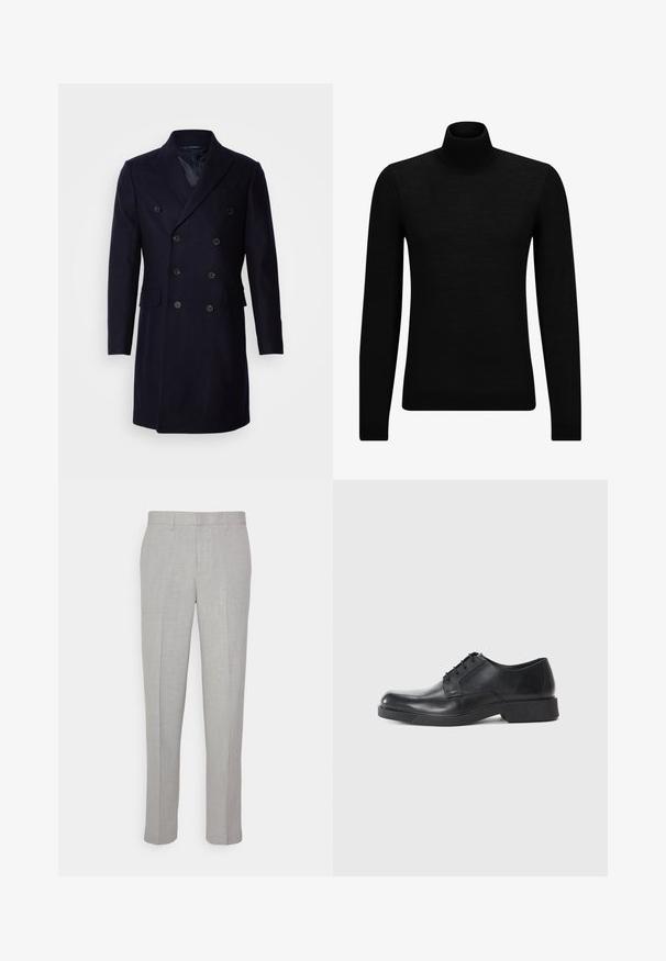 Isaac Dewhirst LONG PEA COAT - Klassischer Mantel - navy; Schwarzer Rollkragenpullover aus weichem Material mit langen Ärmeln und enger Passform. Rippbesatz am Saum und an den Bündchen. Einfaches Design.; Hellgraue Hose mit glatter Textur, flachem Front und geraden Beinen. Aus atmungsaktivem Material gefertigt, mit Innentaschen und Gürtelschlaufen.; Schwarze Lederschuhe mit rundem Zeh, Schnürdesign und niedrigem Blockabsatz. Glatte Textur und minimalistisches Profil.