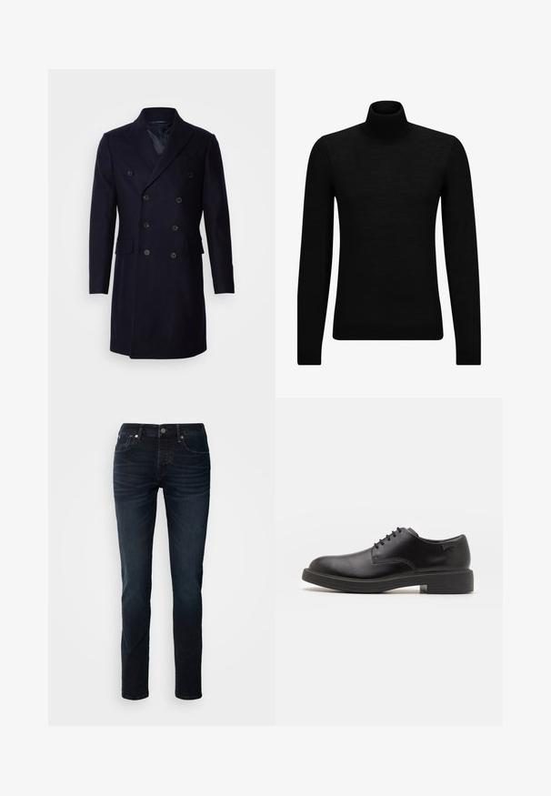Isaac Dewhirst LONG PEA COAT - Classic coat - navy; Black turtleneck sweater made of soft material, featuring long sleeves and a snug fit. Ribbed trim at the hem and cuffs. Simple design.; Dark blue denim jeans with a straight-leg cut, five-pocket design, and visible stitching; features a zip fly and button closure.; Black leather lace-up shoe with a rounded toe, smooth texture, minimal stitching, and a low rubber heel. Logo on the heel.