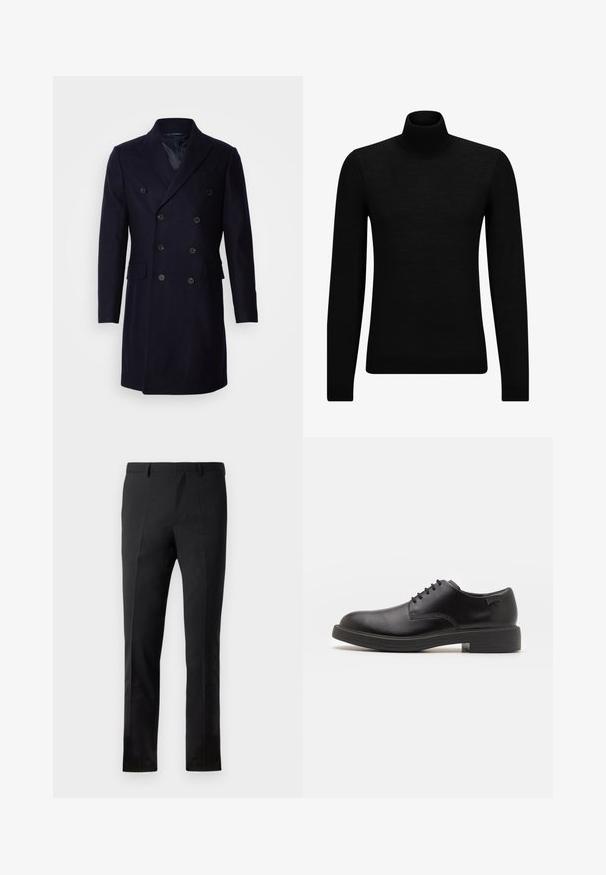 Isaac Dewhirst LONG PEA COAT - Klassischer Mantel - navy; Schwarzer Rollkragenpullover aus weichem Material mit langen Ärmeln und enger Passform. Rippbesatz am Saum und an den Bündchen. Einfaches Design.; Schwarze Hose mit tailliertem Schnitt, flacher Vorderseite, zwei Falten, Gürtelschlaufen und glatter Textur. Keine sichtbaren Muster oder Metallteile.; Schwarzer Leder-Schnürschuh mit abgerundetem Zeh, glatter Textur, minimaler Naht und niedrigem Gummiabsatz. Logo auf der Ferse.