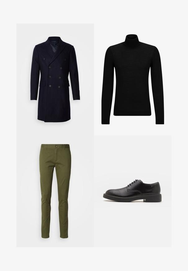 Isaac Dewhirst LONG PEA COAT - Klassischer Mantel - navy; Schwarzer Rollkragenpullover aus weichem Material mit langen Ärmeln und enger Passform. Rippbesatz am Saum und an den Bündchen. Einfaches Design.; Olivgrüne Chinos aus einem Baumwollmischgewebe, mit geradem Schnitt, Reißverschluss und frontalen Taschen. Glatte Textur mit minimaler Gestaltung.; Schwarzer Leder-Schnürschuh mit abgerundetem Zeh, glatter Textur, minimaler Naht und niedrigem Gummiabsatz. Logo auf der Ferse.