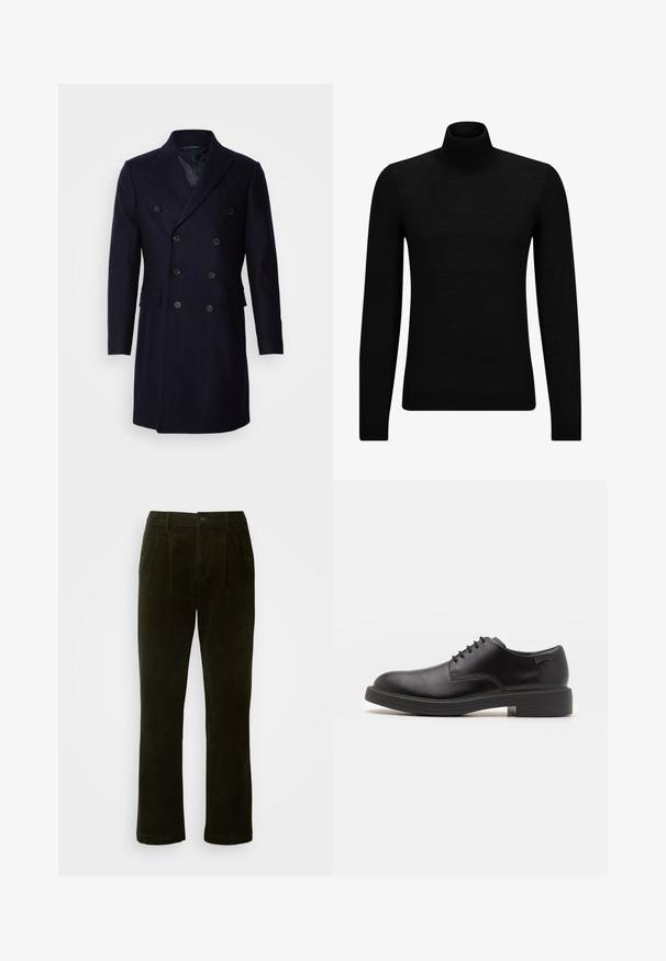 Isaac Dewhirst LONG PEA COAT - Cappotto classico - navy; Maglione a collo alto nero realizzato in materiale morbido, con maniche lunghe e vestibilità aderente. Bordo a coste all'orlo e ai polsini. Design semplice.; Pantaloni in corda verde scuro a gamba diritta, con pince frontali, chiusura a bottone e una finitura morbida e testurizzata.; Scarpa nera in pelle con lacci, punta tonda, texture liscia, cuciture minime e tacco in gomma basso. Logo sul tacco.