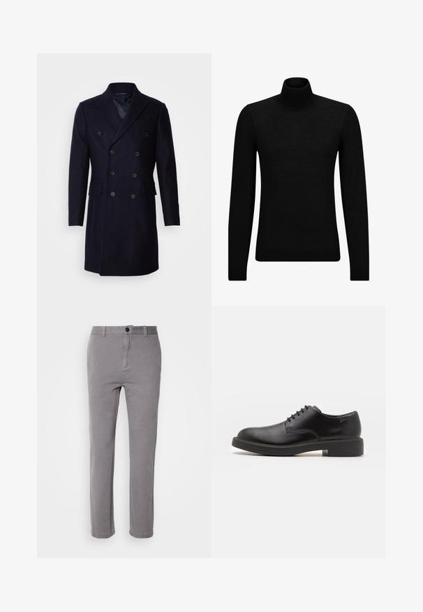 Isaac Dewhirst LONG PEA COAT - Klassisk kåpe / frakk - navy; Svart genser med høy hals laget av mykt materiale, med lange ermer og en tettsittende passform. Ribbestrikket kant nederst og ved ermene. Enkelt design.; Grå bomullsblandingsbukser med rett ben-design, enkel knappelukking og sidelommer. Glatt tekstur med en subtil glans.; Svart lær snøre sko med rund tå, glatt tekstur, minimal søm, og lav gummihæl. Logo på hælen.