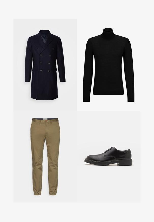 Isaac Dewhirst - Klasyczny płaszcz; Czarny sweter z golfem wykonany z miękkiego materiału, z długimi rękawami i dopasowanym krojem. Żebrowane wykończenie na dolnym brzegu i mankietach. Prosty design.; Khaki chinos wykonane z mieszanki bawełny, slim fit, o gładkiej teksturze, z brązowym guzikiem i tkanym detalem w pasie.; Czarny skórzany but za kostkę z okrągłym noskiem, gładką fakturą, minimalnym przeszyciem i niskim gumowym obcasem. Logo na pięcie.