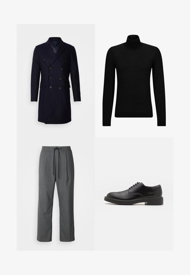 Isaac Dewhirst LONG PEA COAT - Manteau classique - navy; Pull à col roulé noir en matériau doux, avec des manches longues et une coupe ajustée. Finition côtelée au bas et aux poignets. Design simple.; Pantalons en tissu tissé gris avec une taille élastique, un cordon externe, des poches latérales et une coupe décontractée. Design minimaliste avec des lignes épurées.; Chaussure noire en cuir à lacets avec un embout arrondi, texture lisse, piqures minimales et un petit talon en caoutchouc. Logo sur le talon.