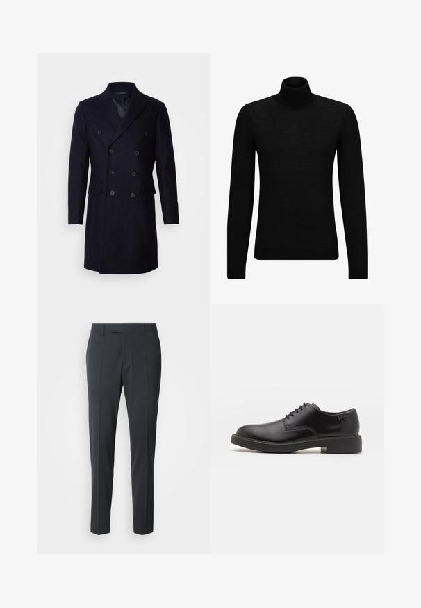 Isaac Dewhirst LONG PEA COAT - Klasisks mētelis - navy; Melnā augstā kakla džemperis, kas izgatavots no mīksta materiāla, ar garām piedurknēm un pieguļušu piegriezumu. Ribota apdare ap apakšu un piedurknēm. Vienkāršs dizains.; Pielāgoti tumši pelēki bikses ar gludu tekstūru, kurām ir vienmērīgs priekšpuse un krokas pa kājām, izgatavotas no viegla auduma.; Melna āda sašūta kurpe ar noapaļotu purngalu, gludu tekstūru, minimālu šuvju skaitu un zemu gumijas papēdi. Logo uz papēža.