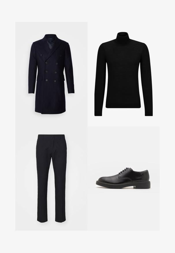 Isaac Dewhirst LONG PEA COAT - Klassisk frakke - navy; Sort turtleneck sweater lavet af blødt materiale, med lange ærmer og en tætsiddende pasform. Ribbet trim ved kanten og manchetter. Simpelt design.; Marinebukser i skræddersyet snit, lavet af glat stof. Har flad front, bæltestropper og lige ben med en ren kant.; Sorte læder snørestøvle med rund tå, glat tekstur, minimal syning og lav gummihæl. Logo på hælen.