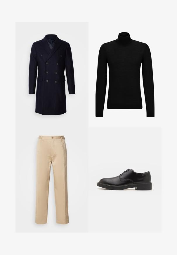 Isaac Dewhirst LONG PEA COAT - Classic coat - navy; Black turtleneck sweater made of soft material, featuring long sleeves and a snug fit. Ribbed trim at the hem and cuffs. Simple design.; Beige trousers made of lightweight fabric, featuring a straight leg design, waistband with belt loops, and a single front button closure.; Black leather lace-up shoe with a rounded toe, smooth texture, minimal stitching, and a low rubber heel. Logo on the heel.