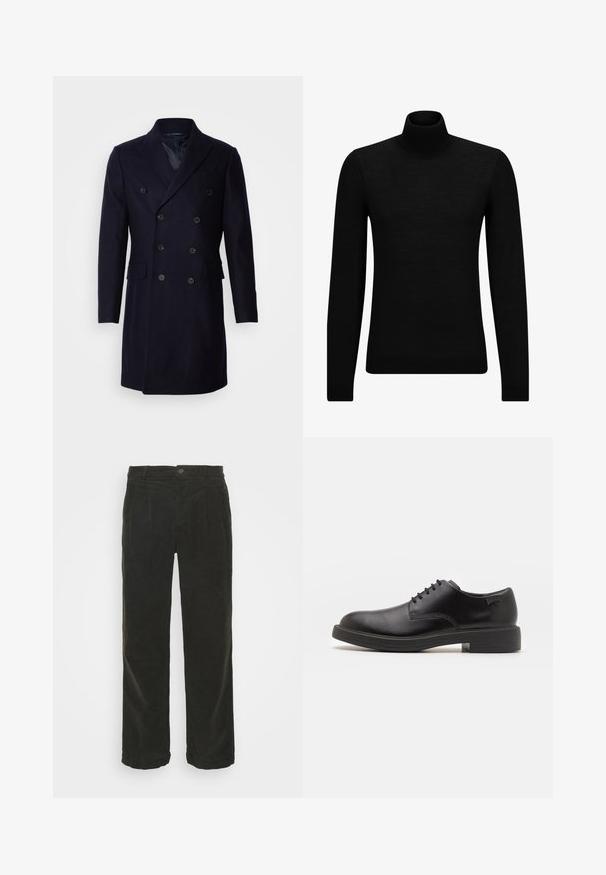 Isaac Dewhirst LONG PEA COAT - Classic coat - navy; Black turtleneck sweater made of soft material, featuring long sleeves and a snug fit. Ribbed trim at the hem and cuffs. Simple design.; Lindbergh WIDE FIT PANTS - Trousers - army; Black leather lace-up shoe with a rounded toe, smooth texture, minimal stitching, and a low rubber heel. Logo on the heel.