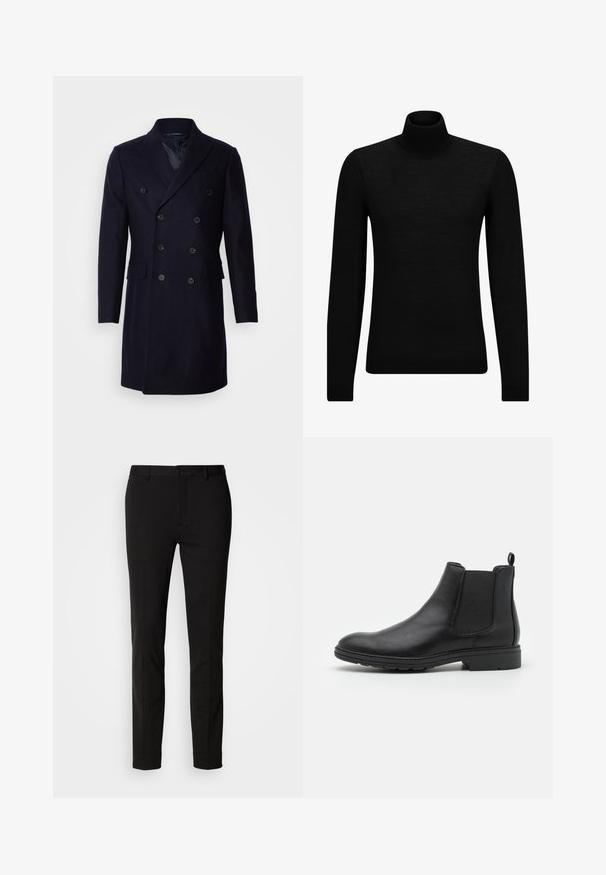 Isaac Dewhirst LONG PEA COAT - Klassisk frakke - navy; Sort turtleneck sweater lavet af blødt materiale, med lange ærmer og en tætsiddende pasform. Ribbet trim ved kanten og manchetter. Simpelt design.; Sorte bukser med slim fit, der har knaplukning og bæltestropper. Lavet af glat stof med en let glans, uden synlige mønstre.; Sort læder Chelsea-boot med elastiske sidepaneler og en løftestrop, der har en rund tå og en tekstureret gummisål.