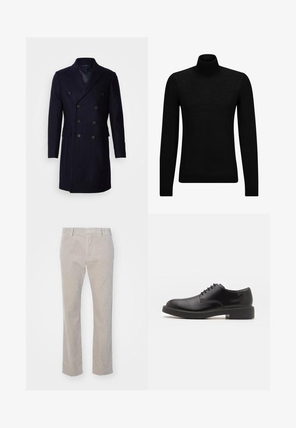 Isaac Dewhirst LONG PEA COAT - Palton clasic - navy; Pulover negru cu guler înalt, realizat dintr-un material moale, cu mâneci lungi și o croială ajustată. Tiv și mansete cu margine ondulată. Design simplu.; Pantaloni din corduroy bej cu textură verticală de tip ribbed, croială dreaptă și talie standard. Include buzunare frontale și curea.; Pantofii din piele neagră, cu șireturi, au vârful rotunjit, o textură netedă, cusături minime și un toc de cauciuc scăzut. Logo pe toc.