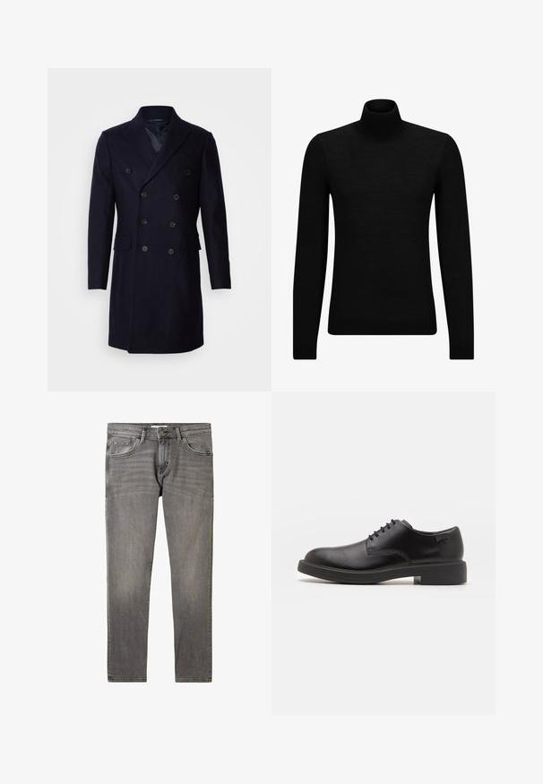 Isaac Dewhirst LONG PEA COAT - Klassikaline mantel - navy; Musthave muströid ja pehmest materjalist must turtleneck, millel on pikad varrukad ja tihe istuvus. Ribaga ääris allservas ja vöökohal. Lihtne disain.; Hallid hallid denim püksid, millel on klassikaline sirge jalgade disain, minimaalne kulumine, eesmistel taskutel ja metallist nööbi sulgemine vööl.; Must beemel levalis kingad ümarate varvastega, sileda pinnaga, minimaalsete õmblustega ja madala kummist kontsaga. Logo kontsa peal.