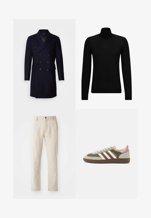 Isaac Dewhirst LONG PEA COAT - Klassisk kåpe / frakk - navy; Svart genser med høy hals laget av mykt materiale, med lange ermer og en tettsittende passform. Ribbestrikket kant nederst og ved ermene. Enkelt design.; Beige linbukser med smal passform, med en enkelt brun knaplukning, lige ben og en teksturert stoffinish.; Suedeskinn og tekstil gymsko i grønn, brun og beige med tre hvite striper. Har en lys rosa aksent på hælen og teksturert såle.