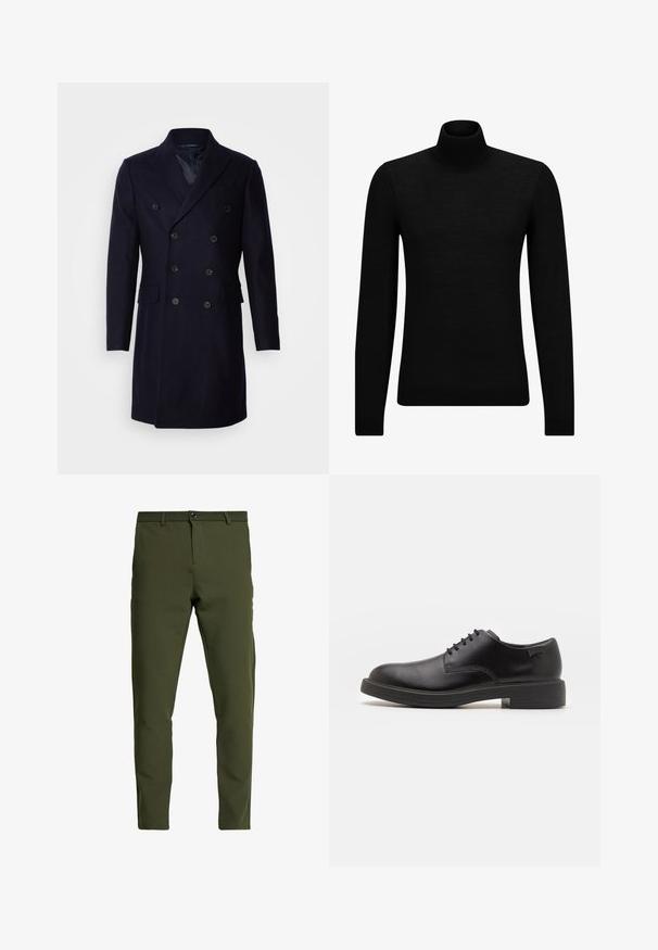 Isaac Dewhirst LONG PEA COAT - Cappotto classico - navy; Maglione a collo alto nero realizzato in materiale morbido, con maniche lunghe e vestibilità aderente. Bordo a coste all'orlo e ai polsini. Design semplice.; Pantaloni verde oliva a taglio slim, realizzati in un tessuto liscio e resistente. Presentano chiusura con zip, bottone e tasche standard.; Scarpa nera in pelle con lacci, punta tonda, texture liscia, cuciture minime e tacco in gomma basso. Logo sul tacco.