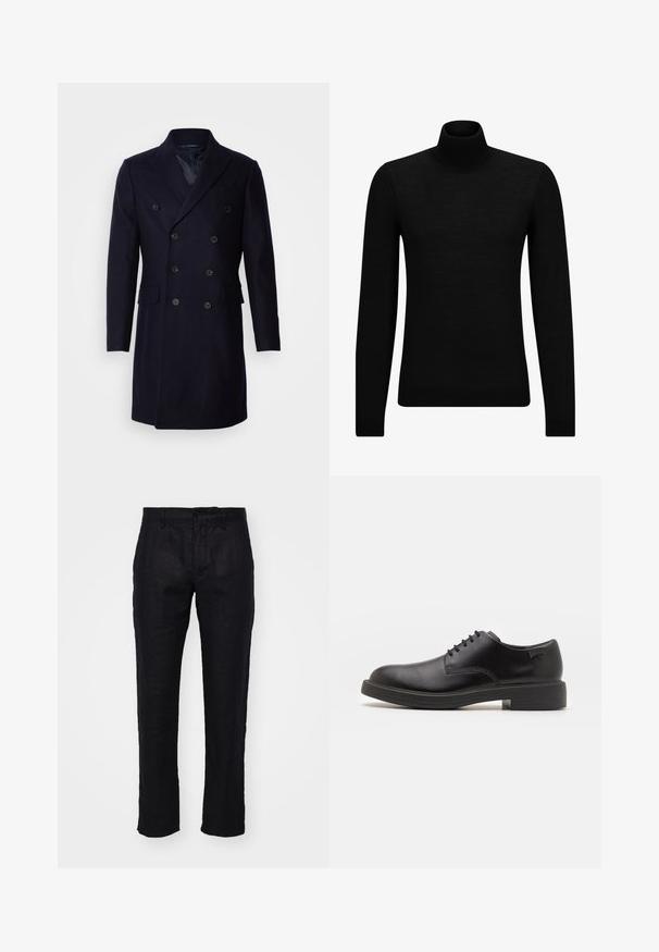 Isaac Dewhirst LONG PEA COAT - Palton clasic - navy; Pulover negru cu guler înalt, realizat dintr-un material moale, cu mâneci lungi și o croială ajustată. Tiv și mansete cu margine ondulată. Design simplu.; NN.07 THEO - Pantaloni - black; Pantofii din piele neagră, cu șireturi, au vârful rotunjit, o textură netedă, cusături minime și un toc de cauciuc scăzut. Logo pe toc.