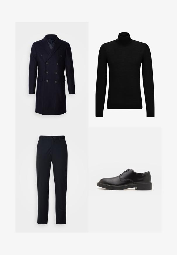 Isaac Dewhirst LONG PEA COAT - Klasisks mētelis - navy; Melnā augstā kakla džemperis, kas izgatavots no mīksta materiāla, ar garām piedurknēm un pieguļušu piegriezumu. Ribota apdare ap apakšu un piedurknēm. Vienkāršs dizains.; Melnas bikses no gludas auduma; ar pogu aizdari, jostu cilpām un taisnu kāju dizainu, bez rakstiem vai akcentiem.; Melna āda sašūta kurpe ar noapaļotu purngalu, gludu tekstūru, minimālu šuvju skaitu un zemu gumijas papēdi. Logo uz papēža.