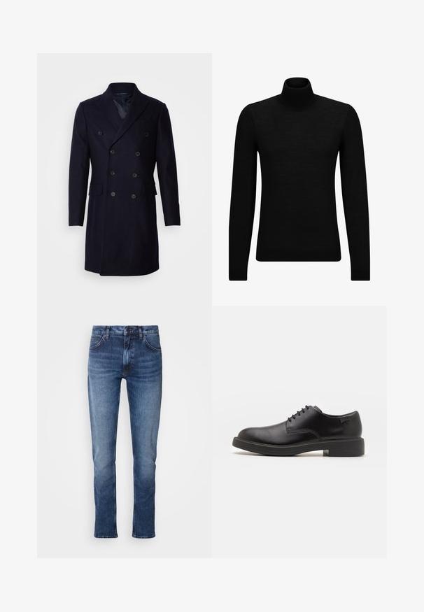 Isaac Dewhirst LONG PEA COAT - Classic coat - navy; Black turtleneck sweater made of soft material, featuring long sleeves and a snug fit. Ribbed trim at the hem and cuffs. Simple design.; Denim jeans in medium blue, straight leg design, featuring a button and zipper closure, with classic five-pocket styling and subtle fade details.; Black leather lace-up shoe with a rounded toe, smooth texture, minimal stitching, and a low rubber heel. Logo on the heel.