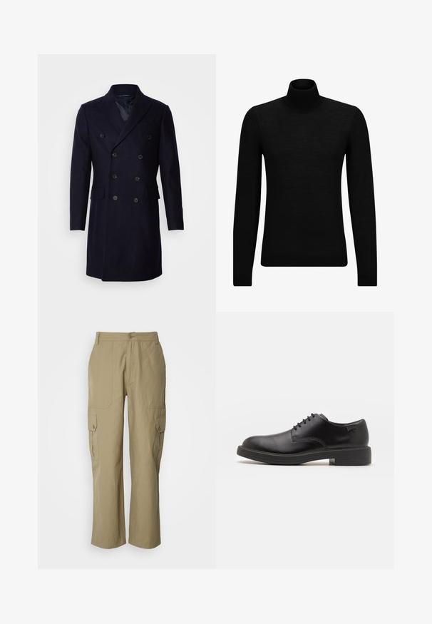 Isaac Dewhirst LONG PEA COAT - Klasický kabát - navy; Černý rolák vyrobený z měkkého materiálu, s dlouhými rukávy a těsným střihem. Hladký lem na spodním okraji a manžetách. Jednoduchý design.; Béžové cargo kalhoty vyrobené z lehkého materiálu, s dvěma bočními kapsami, zapínáním na knoflík a rovnými nohavicemi.; Černé kožené šněrovací boty s kulatou špičkou, hladkým povrchem, minimálním prošíváním a nízkým gumovým podpatkem. Logo na patě.