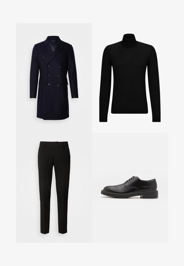 Isaac Dewhirst LONG PEA COAT - Klasszikus kabát - navy; Fekete garbó pulóver puha anyagból, hosszú ujjakkal és szoros fazonnal. Ribbed díszítés az alján és az ujjak végén. Egyszerű dizájn.; Fekete nadrág egyenes lábbal, gombos záródással, övhurkokkal és sima textúrával. Nincs látható minta vagy kiegészítő.; Fekete bőrcipő, kerek orrú, sima felületű, minimális varrással és alacsony gumitalppal. Logó a sarokrészen.