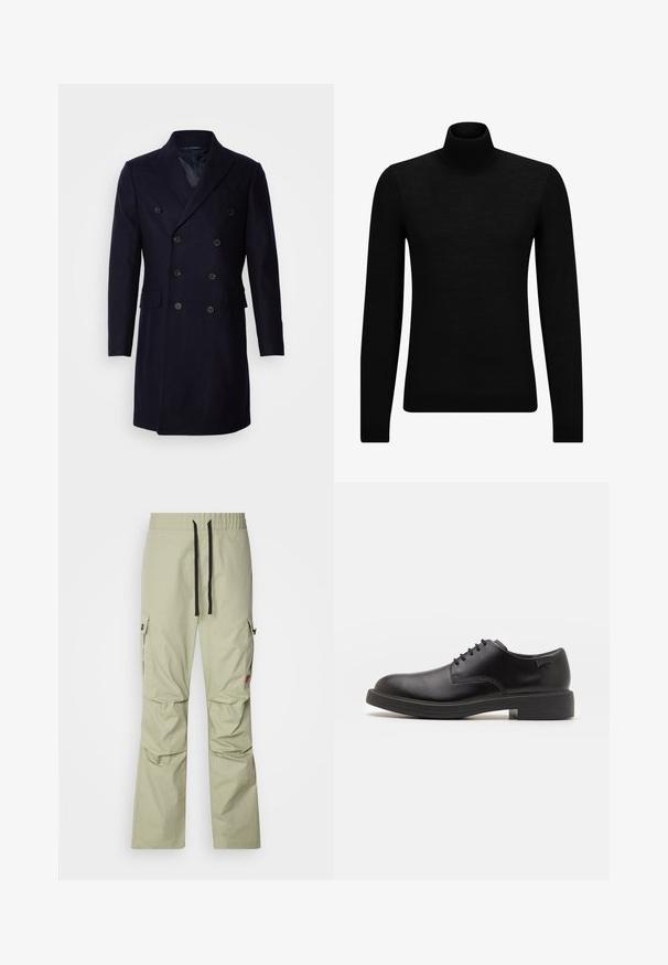 Isaac Dewhirst LONG PEA COAT - Klassinen takki - navy; Mustahuivi neule, joka on valmistettu pehmeästä materiaalista, jossa on pitkät hihat ja tiukka istuvuus. Ribbaus reunassa ja hihansuissa. Yksinkertainen muotoilu.; Vaaleanvihreät cargo-housut, joissa on rento istuvuus, joustava vyötärö, musta naru, kaksi sivutaskua ja huomaamattomia ommeltuja yksityiskohtia.; Mustat nahkasaappaat, joissa on pyöreä kärki, sileä pinta, minimaalinen ommel ja matala kumipohja. Logo kannassa.