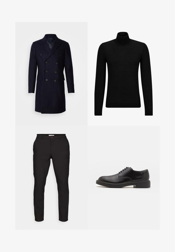 Isaac Dewhirst LONG PEA COAT - Mantel - navy; Zwarte coltrui van zacht materiaal, met lange mouwen en een snug fit. Geribbelde afwerking aan de onderkant en mouwen. Eenvoudig ontwerp.; Zwarte op maat gemaakte broek met een smalle pasvorm. Voorzien van een ritssluiting, knopen, zijzakken en een gladde, lichte stof.; Zwarte leren veterschoen met een ronde neus, een gladde textuur, minimale stiksels en een lage rubberen hak. Logo op de hak.