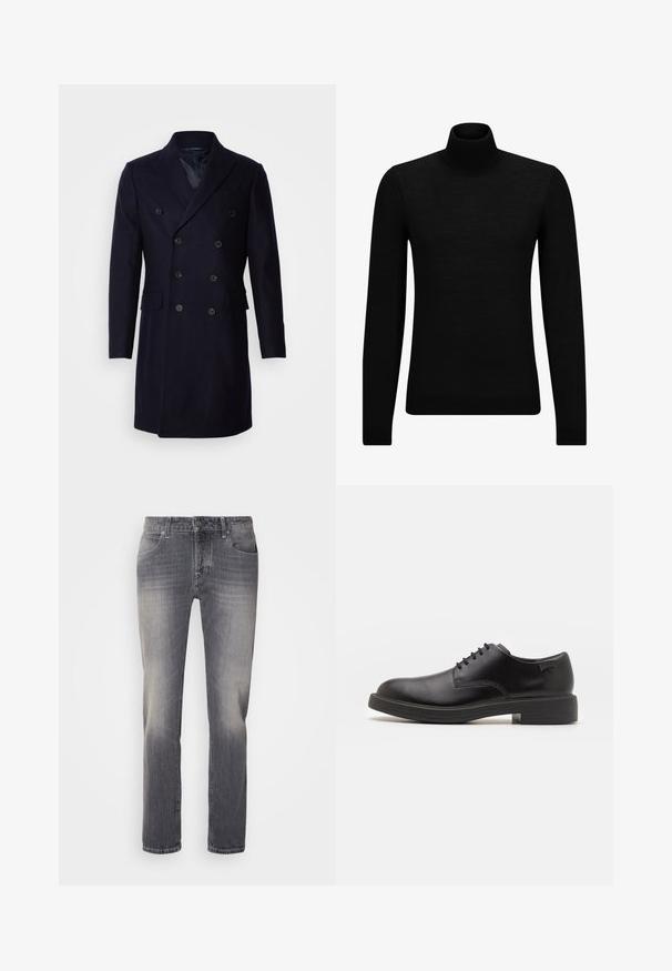 Isaac Dewhirst LONG PEA COAT - Κλασικό παλτό - navy; Μαύρο πουλόβερ σταυρωτό λαιμό, φτιαγμένο από μαλακό υλικό, με μακριά μανίκια και εφαρμοστή γραμμή. Ριγωτή λεπτομέρεια στο τελείωμα και στους καρπούς. Απλός σχεδιασμός.; Γκρι τζιν παντελόνι με ίσια γραμμή, που παρουσιάζει ξεθώριασμα στους μηρούς, πέντε τσέπες και ασημένιο κουμπί στο μέσο.; Μαύρο δερμάτινο παπούτσι με κορδόνια, με στρογγυλή μύτη, λεία υφή, ελάχιστη ραφή και χαμηλή καουτσούκ σόλα. Λογότυπο στη σόλα.