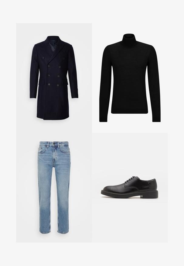 Isaac Dewhirst LONG PEA COAT - Palton clasic - navy; Pulover negru cu guler înalt, realizat dintr-un material moale, cu mâneci lungi și o croială ajustată. Tiv și mansete cu margine ondulată. Design simplu.; Jeans din denim de un albastru deschis, cu un croi drept, cinci buzunare și o cusătură contrastantă. Detaliu clasic de închidere cu nasture și fermoar la talie.; Pantofii din piele neagră, cu șireturi, au vârful rotunjit, o textură netedă, cusături minime și un toc de cauciuc scăzut. Logo pe toc.