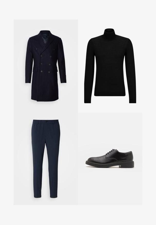 Isaac Dewhirst LONG PEA COAT - Klasszikus kabát - navy; Fekete garbó pulóver puha anyagból, hosszú ujjakkal és szoros fazonnal. Ribbed díszítés az alján és az ujjak végén. Egyszerű dizájn.; Sötétkék, egyenes lábú nadrág elasztikus derékpánttal, elöl gombos záródással és sima szövet textúrával.; Fekete bőrcipő, kerek orrú, sima felületű, minimális varrással és alacsony gumitalppal. Logó a sarokrészen.