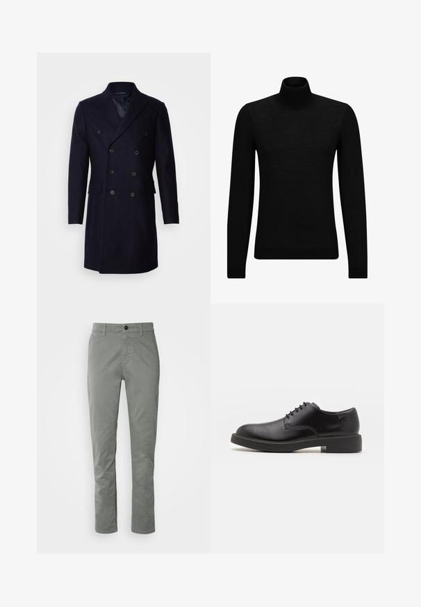 Isaac Dewhirst LONG PEA COAT - Classic coat - navy; Black turtleneck sweater made of soft material, featuring long sleeves and a snug fit. Ribbed trim at the hem and cuffs. Simple design.; BOSS CHINO - Chinos - open grey; Black leather lace-up shoe with a rounded toe, smooth texture, minimal stitching, and a low rubber heel. Logo on the heel.