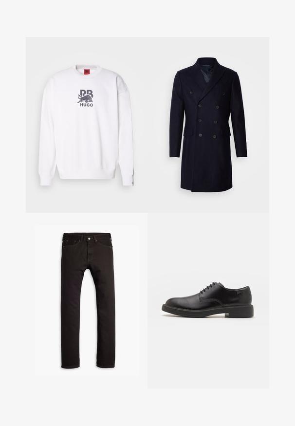 Isaac Dewhirst LONG PEA COAT - Klassikaline mantel - navy; Valge dressipluus sooniku kaelusega, millel on hall graafika härjast ja tekst "PB HUGO". Pehme tekstuur, lõdva lõikega ja pikkade varrukatega.; Mustmustest mustte musto mustega disainiga, mis sisaldab nööpi ja lukku, viit taskut ning peene õmbluse detailidega.; Must beemel levalis kingad ümarate varvastega, sileda pinnaga, minimaalsete õmblustega ja madala kummist kontsaga. Logo kontsa peal.