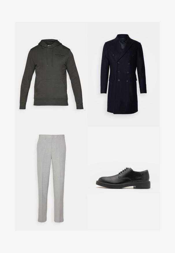 Isaac Dewhirst LONG PEA COAT - Klassischer Mantel - navy; Dunkelgrauer Pullover mit einer vorderen Kängurutasche, Kapuze und Kordeln. Verfügt über ein schwarzes Logo auf der Vorderseite, gefertigt aus weichem Stoff.; Hellgraue Hose mit glatter Textur, flachem Front und geraden Beinen. Aus atmungsaktivem Material gefertigt, mit Innentaschen und Gürtelschlaufen.; Schwarzer Leder-Schnürschuh mit abgerundetem Zeh, glatter Textur, minimaler Naht und niedrigem Gummiabsatz. Logo auf der Ferse.