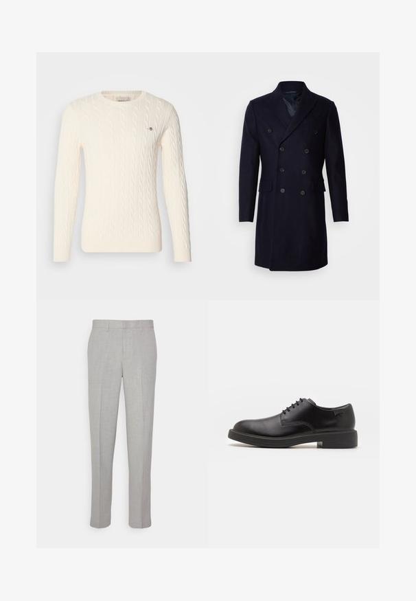 Isaac Dewhirst LONG PEA COAT - Manteau classique - navy; Pull en tricot torsadé, couleur crème, à manches longues, col rond, avec des poignets et un ourlet côtelés, comportant un petit logo sur la poitrine.; Pantalons gris clair avec une texture lisse, devant plat et jambes droites. Fabriqués en tissu respirant, avec poches internes et passants de ceinture.; Chaussure noire en cuir à lacets avec un embout arrondi, texture lisse, piqures minimales et un petit talon en caoutchouc. Logo sur le talon.