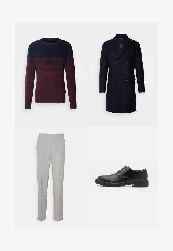 Isaac Dewhirst LONG PEA COAT - Κλασικό παλτό - navy; INDICODE JEANS Πουλόβερ - russet; Ανοιχτό γκρι παντελόνια με λεία υφή, επίπεδο μπροστινό μέρος και ίσιες γραμμές. Κατασκευασμένα από αναπνεύσιμο ύφασμα, διαθέτουν εσωτερικές τσέπες και θηλιές για ζώνη.; Μαύρο δερμάτινο παπούτσι με κορδόνια, με στρογγυλή μύτη, λεία υφή, ελάχιστη ραφή και χαμηλή καουτσούκ σόλα. Λογότυπο στη σόλα.