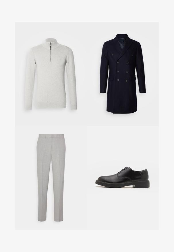 Isaac Dewhirst LONG PEA COAT - Abrigo clásico - navy; Sudadera de cremallera en gris claro, fabricada en un tejido suave, con un cuello alto y mangas largas con puños y dobladillo de canalé.; Pantalones gris claro con una textura suave, frente plano y piernas rectas. Hechos de una tela transpirable, con bolsillos internos y pasadores para cinturón.; Zapato negro de cuero con cordones, punta redondeada, textura suave, costuras mínimas y tacón bajo de goma. Logo en el tacón.