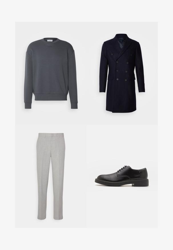 Isaac Dewhirst LONG PEA COAT - Classic coat - navy; Charcoal gray sweatshirt with long sleeves, crew neckline, and ribbed cuffs and hem. Features minimalistic branding on the chest. Soft fabric.; Light gray trousers with a smooth texture, flat front, and straight legs. Made of breathable fabric, featuring internal pockets and belt loops.; Black leather lace-up shoe with a rounded toe, smooth texture, minimal stitching, and a low rubber heel. Logo on the heel.