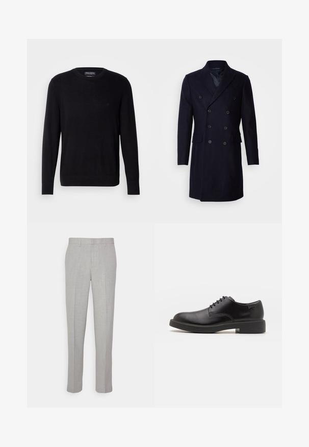Isaac Dewhirst LONG PEA COAT - Palton clasic - navy; Pulover negru din tricot cu guler rotund, mâneci lungi și manșete cu acelă. Prezintă un logo subtil pe piept. Textură moale a materialului.; Pantaloni gri deschis cu o textură netedă, față plată și picioare drepte. Realizați dintr-o țesătură respirabilă, cu buzunare interioare și brâie.; Pantofii din piele neagră, cu șireturi, au vârful rotunjit, o textură netedă, cusături minime și un toc de cauciuc scăzut. Logo pe toc.