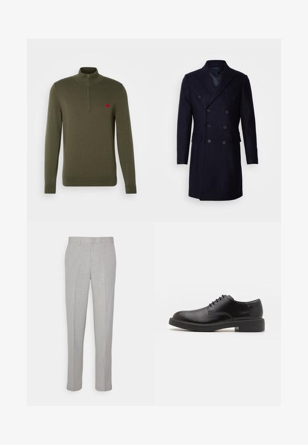 Isaac Dewhirst LONG PEA COAT - Klassisk kåpe / frakk - navy; HUGO SAN QUINTUS - Strikkegenser - dark beige; Lys grå bukser med en glat tekstur, flad front og lige ben. Fremstillet af åndbart stof og med indvendige lommer og bæltesløjfer.; Svart lær snøre sko med rund tå, glatt tekstur, minimal søm, og lav gummihæl. Logo på hælen.