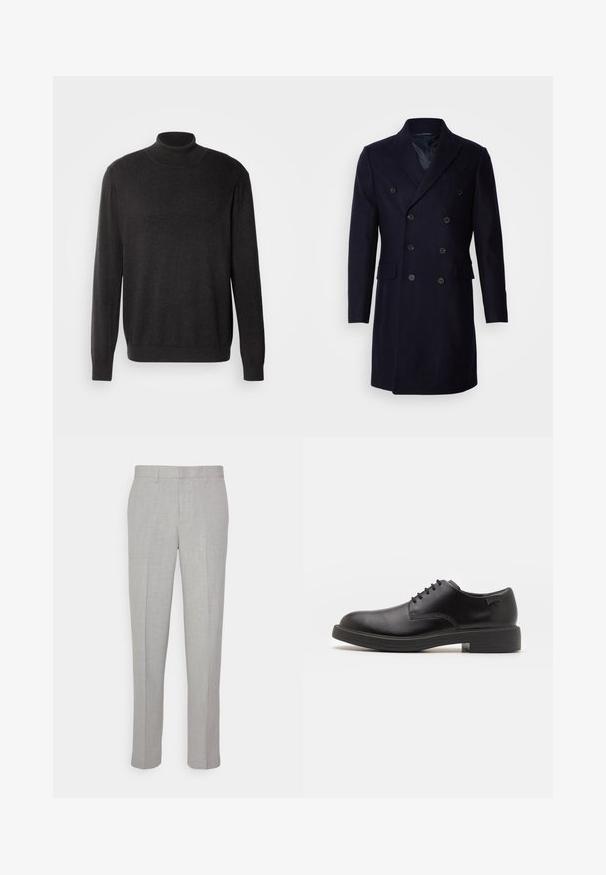 Isaac Dewhirst LONG PEA COAT - Classic coat - navy; Dark gray turtleneck sweater made of a soft, textured fabric; features long sleeves and a fitted silhouette, with a ribbed collar and hem.; Light gray trousers with a smooth texture, flat front, and straight legs. Made of breathable fabric, featuring internal pockets and belt loops.; Black leather lace-up shoe with a rounded toe, smooth texture, minimal stitching, and a low rubber heel. Logo on the heel.