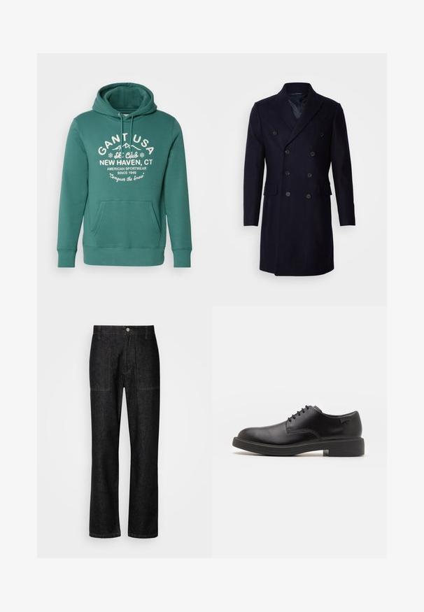 Isaac Dewhirst LONG PEA COAT - Cappotto classico - navy; Felpa verde realizzata in materiale morbido, con tasca frontale, cappuccio regolabile con cordoncino e testo bianco con logo e dettagli del club sciistico.; Pantaloni in denim nero con gamba dritta, cuciture visibili e chiusura frontale con bottone. Include due tasche laterali e due tasche posteriori.; Scarpa nera in pelle con lacci, punta tonda, texture liscia, cuciture minime e tacco in gomma basso. Logo sul tacco.