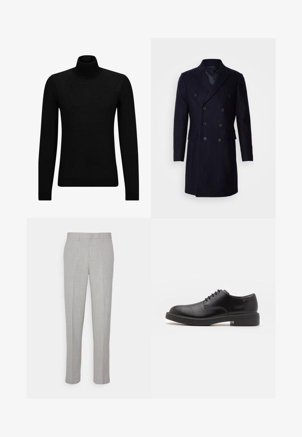 Isaac Dewhirst LONG PEA COAT - Κλασικό παλτό - navy; Μαύρο πουλόβερ σταυρωτό λαιμό, φτιαγμένο από μαλακό υλικό, με μακριά μανίκια και εφαρμοστή γραμμή. Ριγωτή λεπτομέρεια στο τελείωμα και στους καρπούς. Απλός σχεδιασμός.; Ανοιχτό γκρι παντελόνια με λεία υφή, επίπεδο μπροστινό μέρος και ίσιες γραμμές. Κατασκευασμένα από αναπνεύσιμο ύφασμα, διαθέτουν εσωτερικές τσέπες και θηλιές για ζώνη.; Μαύρο δερμάτινο παπούτσι με κορδόνια, με στρογγυλή μύτη, λεία υφή, ελάχιστη ραφή και χαμηλή καουτσούκ σόλα. Λογότυπο στη σόλα.
