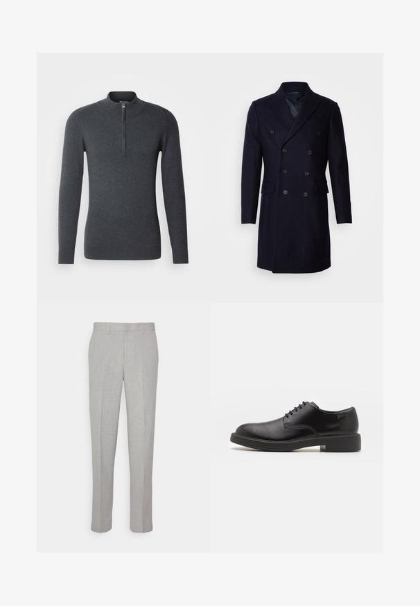 Isaac Dewhirst LONG PEA COAT - Klasický kabát - navy; Tmavohnedý sveter s vysokým golierom a krátkym predným zipsom. Vyrobený z mäkkej, textúrovanej tkaniny s dlhými rukávmi a ribovanými manžetami.; Svetlo-sivé nohavice s hladkým povrchom, plochým predným dielom a rovnými nohavicami. Vyrobené z priedušnej látky, s vnútornými vreckami a pútkami na opasok.; Čierne kožené šnurovacie topánky s okrúhlou špičkou, hladkým povrchom, minimálnym prešívaním a nízkym gumovým podpätkom. Logo na podpätku.